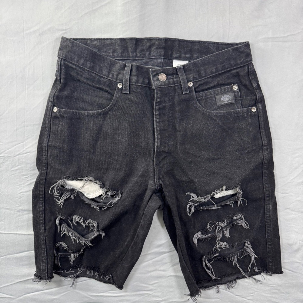 VTG Harley-Davidson Mens Distressed Black Denim Shorts Cut-Offs Sz 31 Biker Y2K
